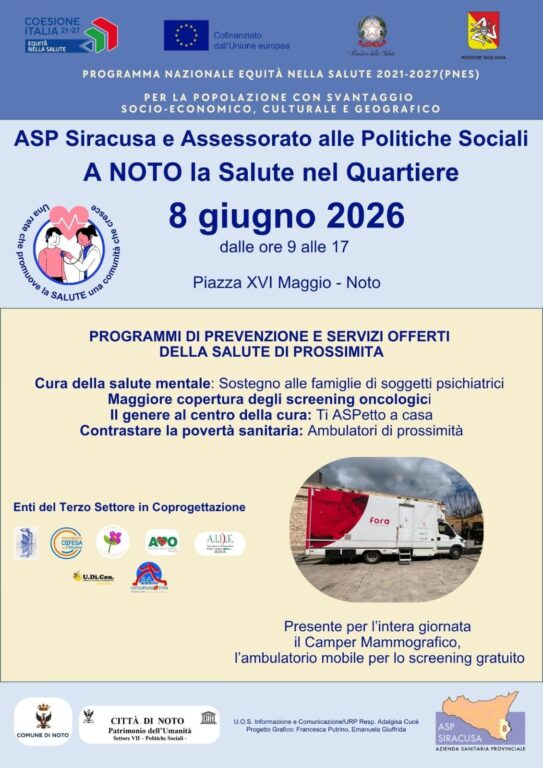 Noto, “La Salute nel Quartiere”: l’8 giugno una giornata dedicata alla sanità di prossimità 1 salute
