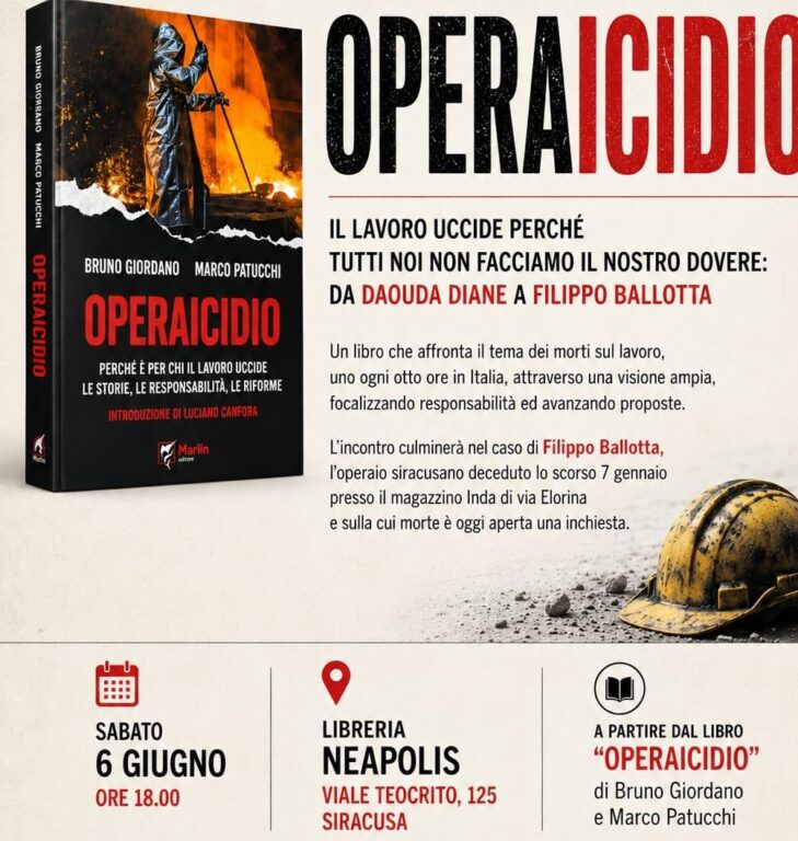 Siracusa, domani incontro dedicato al libro “Operaicidio”, volume che analizza il fenomeno delle morti bianche 1 incontro